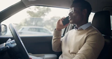 Black man, driver and discussion with phone call in parking lot for network or Stock-Footage 334052689