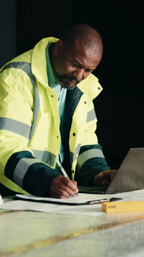 Black man, engineer and clipboard with laptop for construction, research or Stock Footage 337989380