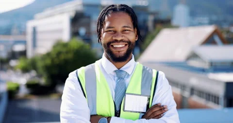 Black man, engineer and construction portrait outdoor with smile and happy face Stock Footage 235976923