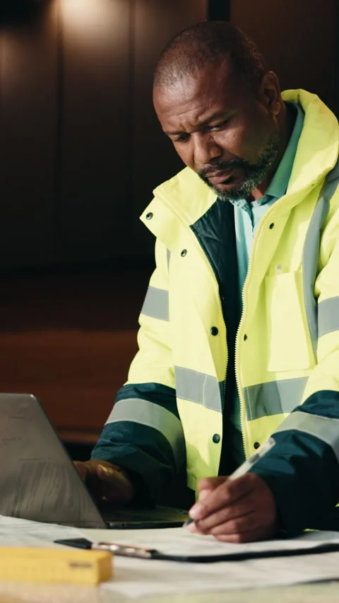 Black man, engineer and document with laptop for construction, research and Stock Footage 338012275