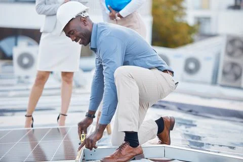 Black man, engineer and solar panel grid installation of construction worker Stock Photos