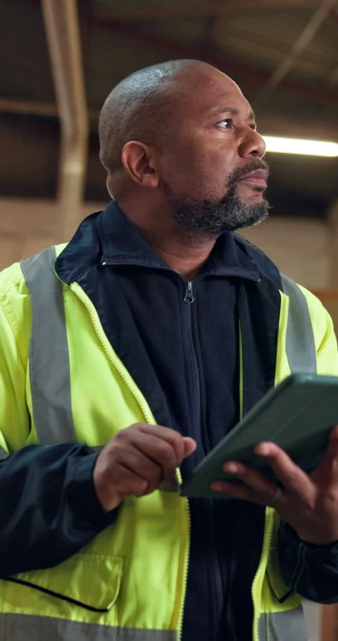 Black man, engineer and tablet at site for construction, research and inspection Stock Footage 348129738
