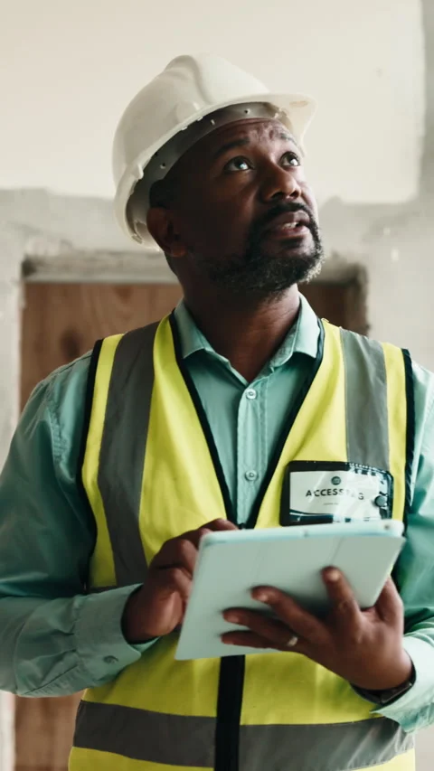 Black man, engineer and thinking at site with tablet, research and inspection Stock Footage 338010984
