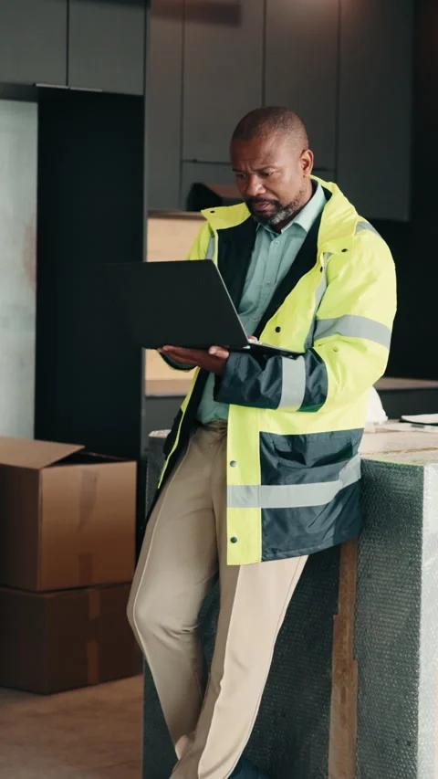 Black man, engineer and thinking at new house with laptop, research or ideas for Stock Footage 338111381