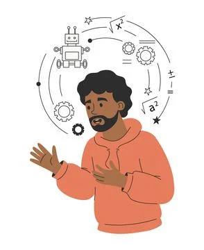 Black Man Engineer Talking Enthusiastically About Robotics and Mechanics. N.. Illustrazione stock