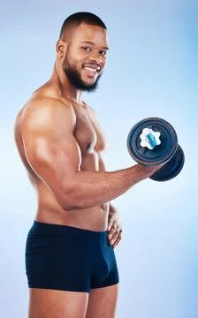 Black man, exercise and weightlifting, dumbbell and biceps muscle training Stock Photos