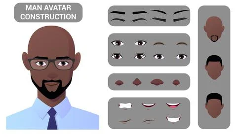 Black Man Face Construction And Character Creation Pack with Hair, Eyes, Lips Stock Illustration