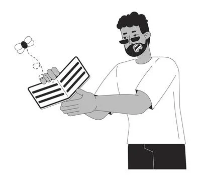 Black man with financial problems black and white cartoon flat illustration Illustrazione stock