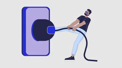 Black man forcefully trying unplug large power cable outlet character animation Stock Footage 326063757
