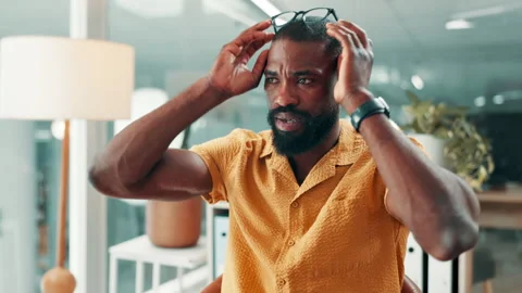 Black man, glasses and eye strain with computer at office with stress, mistake Stock Footage 330095402