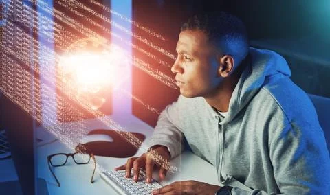 Black man, hacker and code glitch overlay of cybersecurity problem with coding 스톡 사진