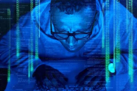 Black man, hacker and cracking code overlay of cybersecurity error with coding Stock Photos