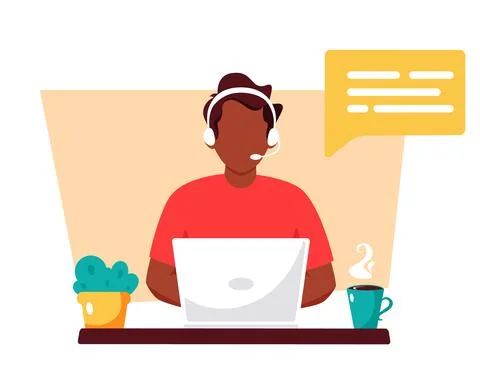 Black man with headphones working on computer. Stock Illustration