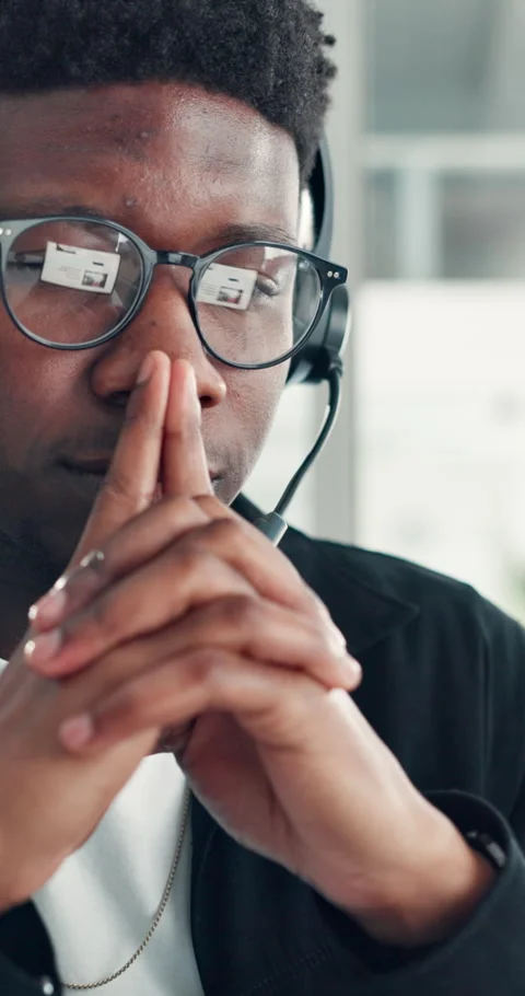 Black man, headset and thinking at call center with review, insight or Stock Footage 326003033