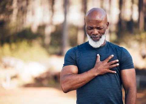 Black man, heart attack and health for outdoor exercise, park and running Stock Photos
