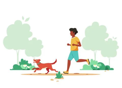 Black man jogging in spring park with dog. Outdoor activity Ilustração Stock