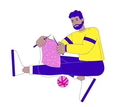 Black man knitting yarn 2D cartoon character Stock Illustration