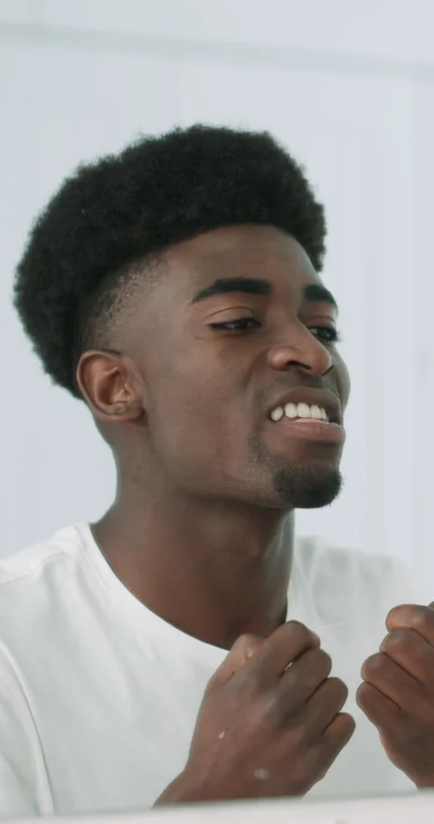 Black man, mirror or cleaning with dental floss in bathroom for bacteria or germ Stock Footage 329666669