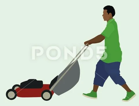 Black Man Mowing Lawn Stock Illustration