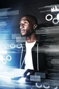 Black man, overlay and computer as hacker on fraud or cloning for credit card Foto stock