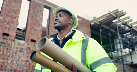 Black man, plan and thinking on construction site for development, property Stock Footage 336786839