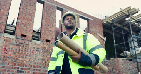 Black man, plan and thinking on construction site with smile, property Stock Footage 336797996