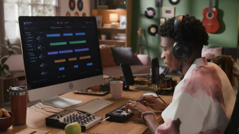 Black Man Playing MIDI Keyboard while Editing Music in DAW in Home Studio 스톡 동영상 335398570