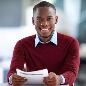 Black man, portrait and document in office for job interview, recruitment Stock Photos