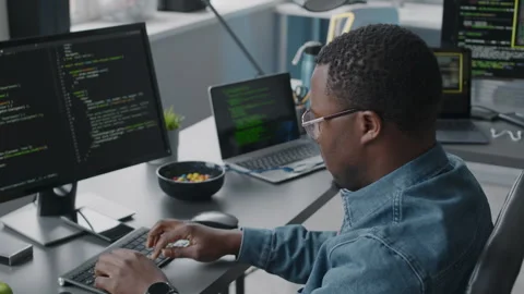 Black Man Program Coding on Computer at Workplace Stock Footage 276203209
