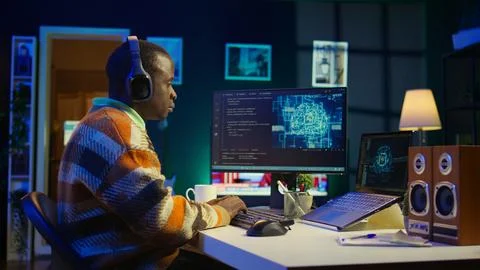 Black man programmer manages code and scripts in artificial intelligence Stock Photos