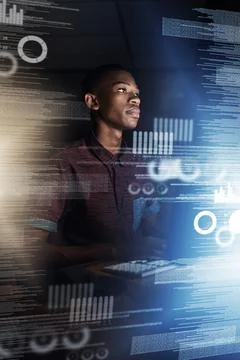 Black man, programmer or night with overlay on computer for data, analysis or Stock Photos