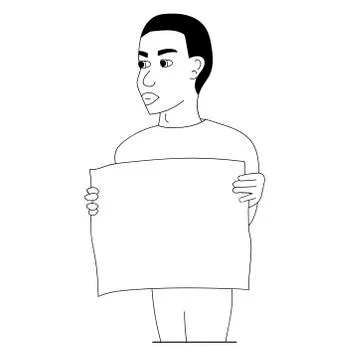 Black man protesting with a poster. Isolated outline stock vector illustration Stock Illustration