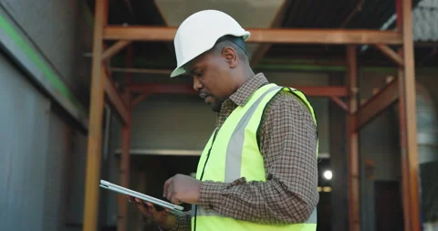 Black man, reading and logistics in warehouse with tablet, research and supply Stock Footage 341377176