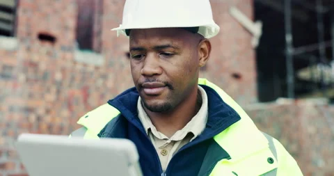 Black man, reading or tablet on construction site with checklist, building app Stock Footage 336780062