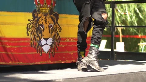 Black man in ripped pants jumping on stage, lion reggae flag behind him, Stock Footage 121634537