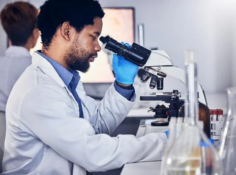 Black man, scientist and microscope with science research in laboratory, data Foto stock