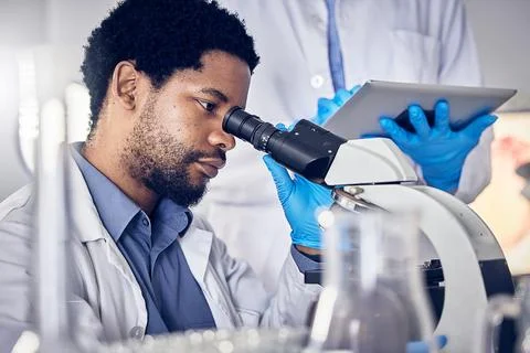 Black man, scientist and microscope with science research in laboratory, data Stock Photos