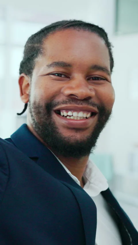 Black man, selfie and face at office with peace sign, smile and post on web at Stock Footage 333321209