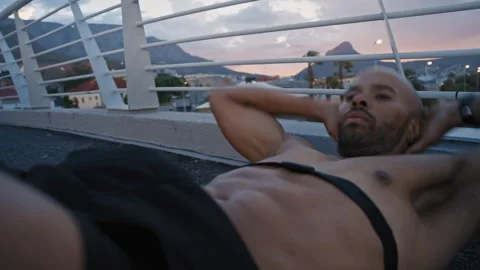 Black man, sit ups and fitness on ground in city for training outdoor, heart Stock Footage 331350524