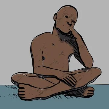 A Black man sitting cross-legged, resting his head on his fist, deep in tho.. Stock Illustration