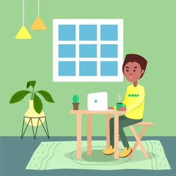 Black man sitting at table using laptop, work at distance, remotely working Stockillustratie