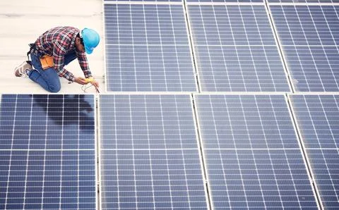 Black man, solar panel installation and renewable energy, sustainability and eco Stock Photos