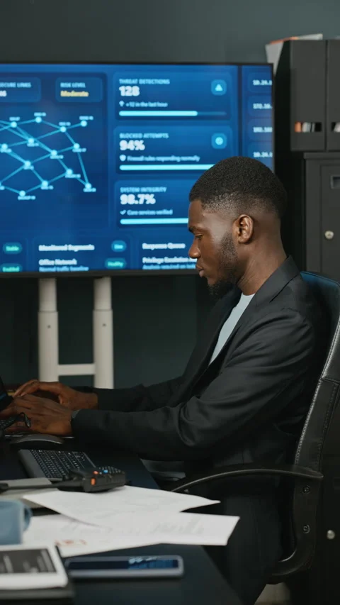 Black Man Speaking on Radio While Working in Cybersecurity Office Stock Footage 346818566