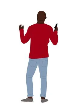 Black man standing rear view with mobile phone. Stock Illustration