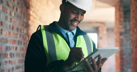 Black man, tablet and checklist on construction site for inspection, task brief Vídeos de archivo 337150625