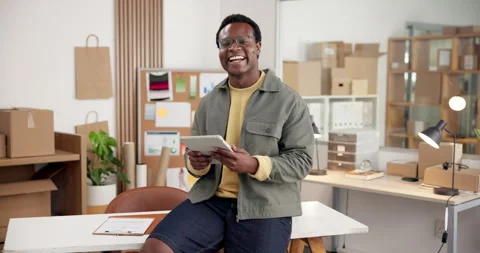 Black man, tablet and face in small business for logistics, stock control or Stock Footage 345701903