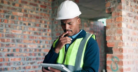 Black man, tablet and thinking on construction site for inspection, task brief Vídeos de archivo 337016115