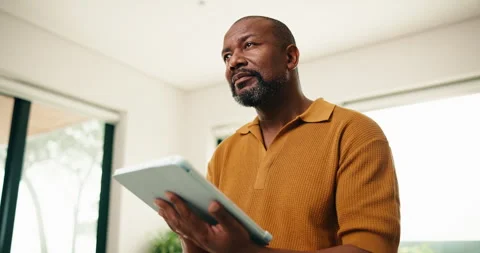 Black man, tablet and thinking with stylus for remote work, editing article and Stock Footage 337765637