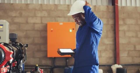 Black man, tablet and thinking with hard hat in factory for system repair, fix Stock Photos