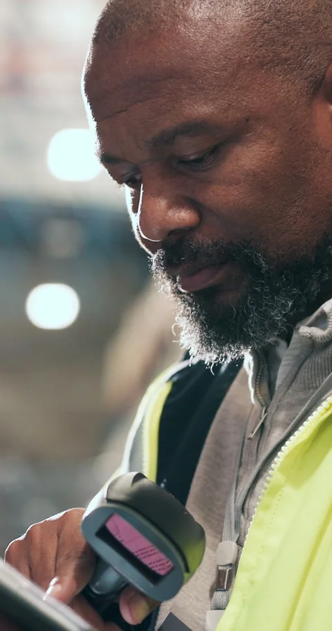 Black man, tablet and typing at warehouse for logistics, checklist or report for Stock Footage 327707142